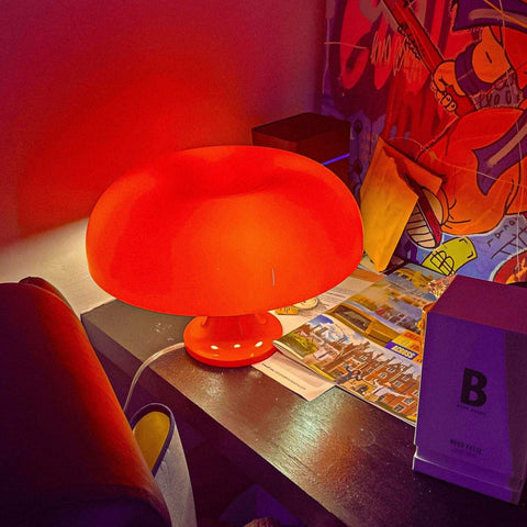 Vibrant red ambient mushroom desk lamp with glossy plastic finish perfect as a stylish desk lamp for any space