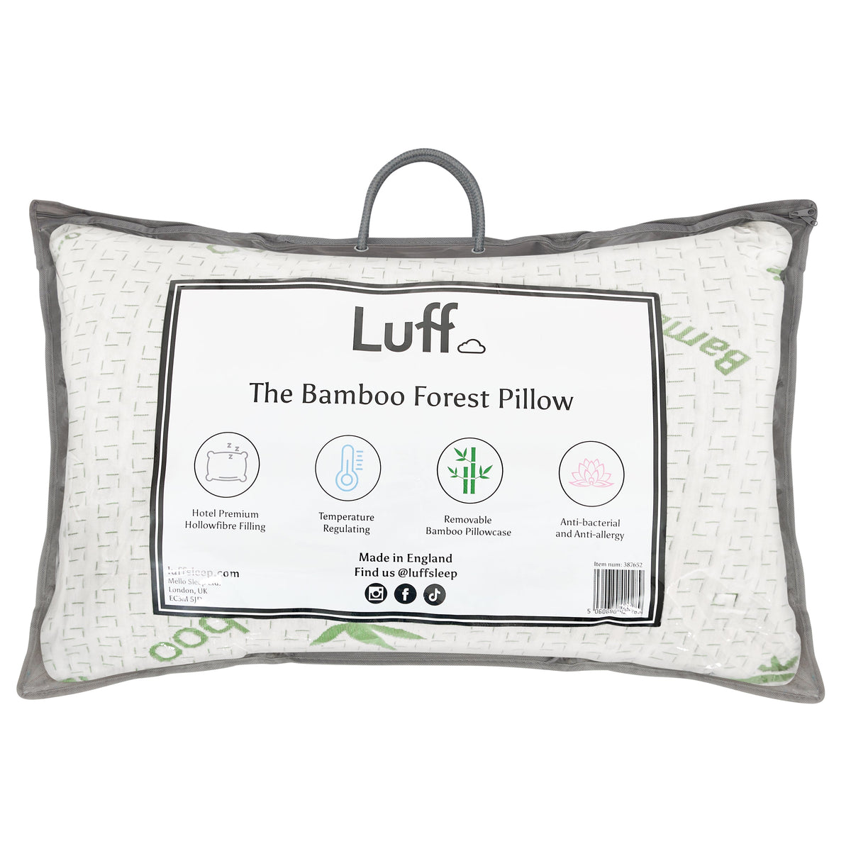 The bamboo forest hollowfibre pillow with white bamboo fabric, gray woven border, green leaf patterns, and removable case