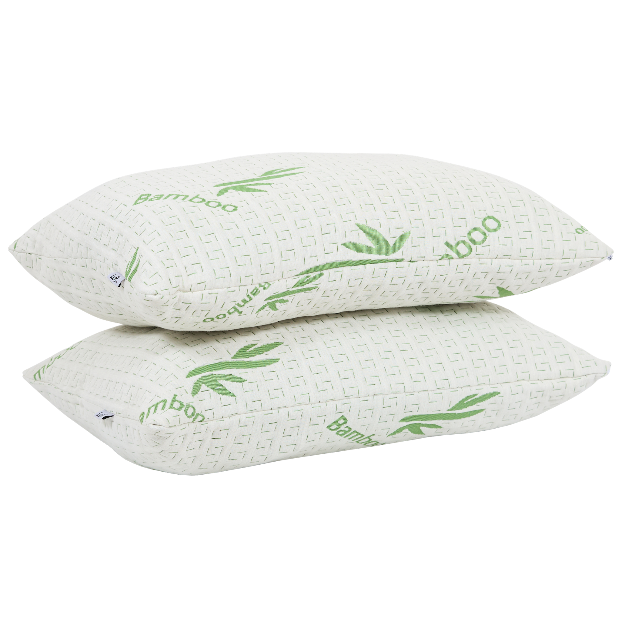 White bamboo forest hollowfibre pillow with green leaf and bamboo text on textured surface for comfy sleep