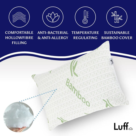 White bamboo forest hollowfibre pillow with green bamboo branding and textured bamboo cover for comfy sleep