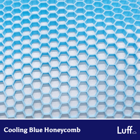 The bamboo honeycomb pillow features a cooling blue honeycomb pad made of flexible plastic with a textured hexagonal pattern