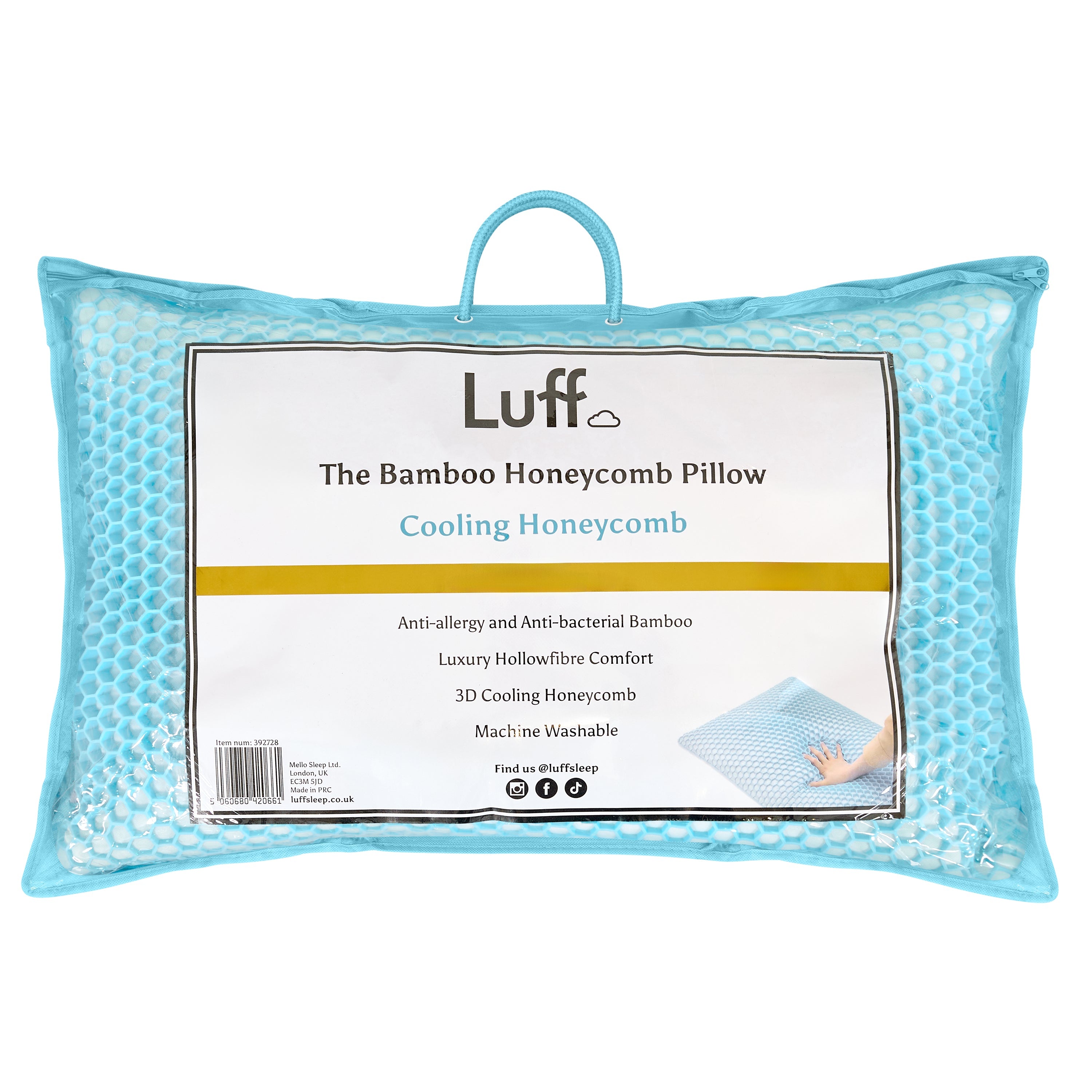 Light blue bamboo honeycomb pillow in clear plastic package with handle labeled luff the bamboo honeycomb pillow