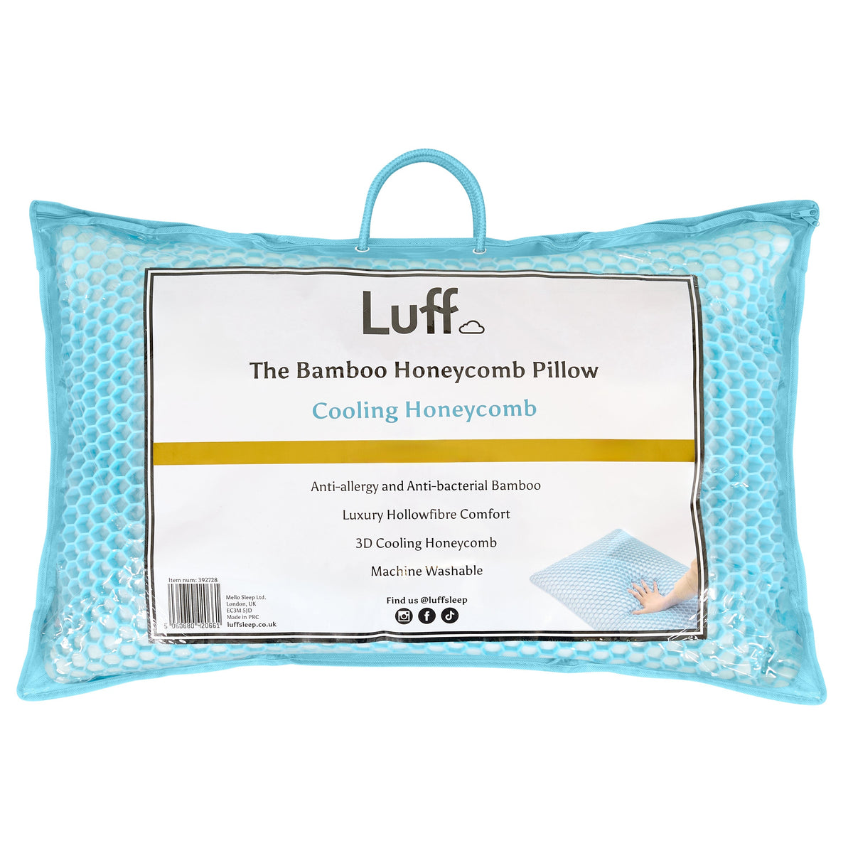 Light blue bamboo honeycomb pillow in clear plastic package with handle labeled luff the bamboo honeycomb pillow