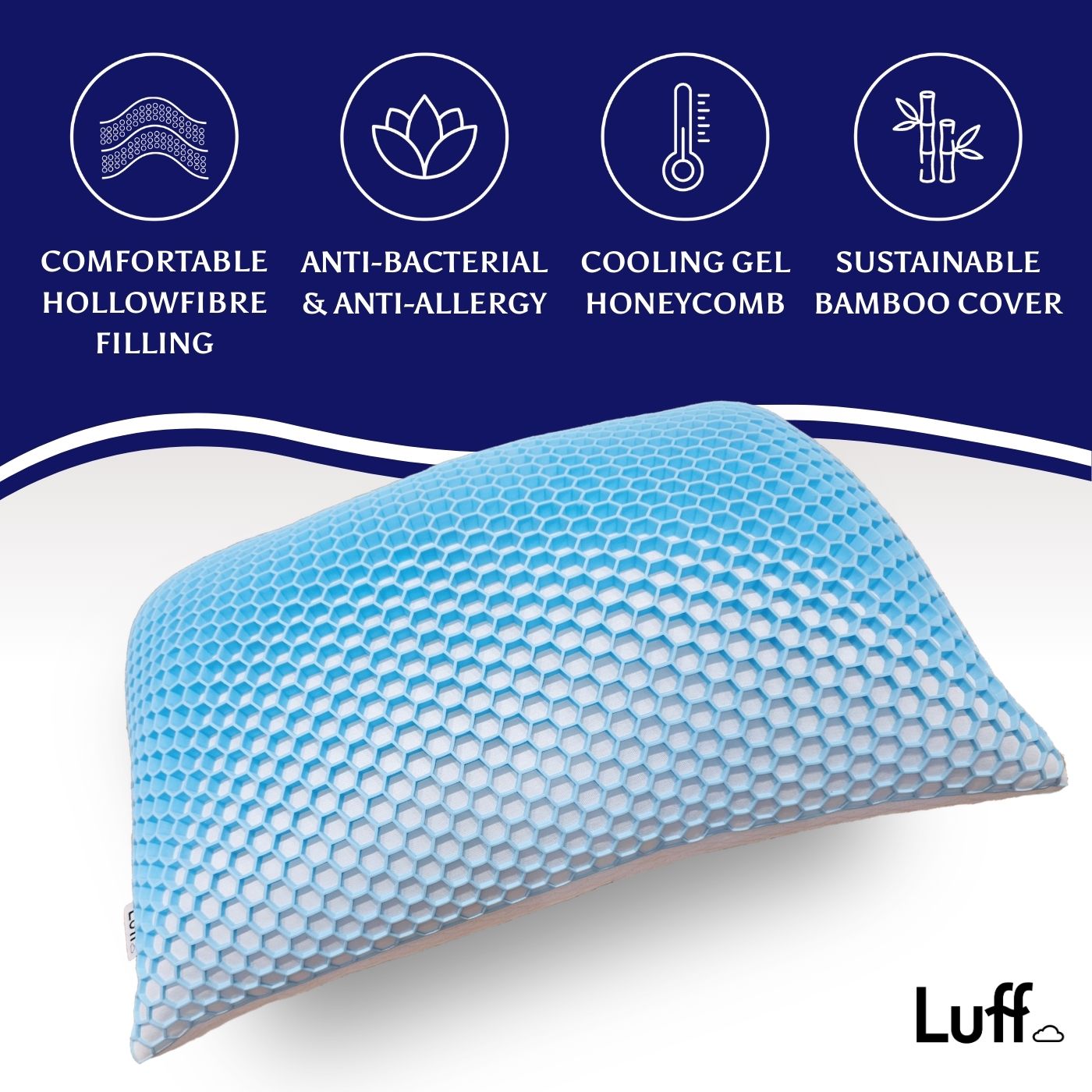 The bamboo honeycomb pillow is a light blue cooling gel pillow with a honeycomb texture and bamboo cover