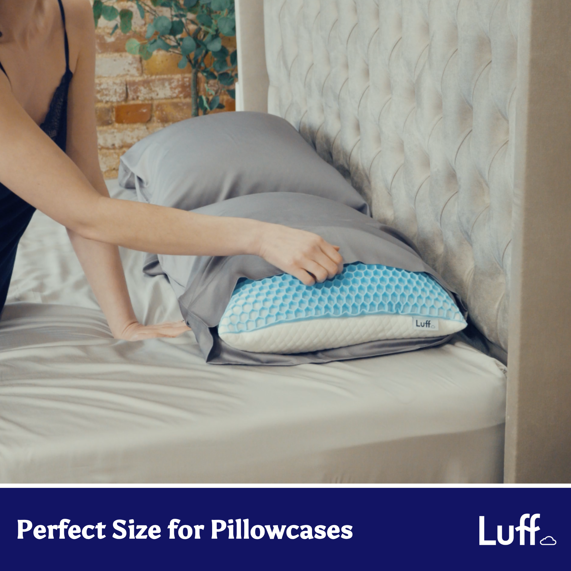 The bamboo honeycomb pillow is a light blue gel pillow with honeycomb design white base and luff branding