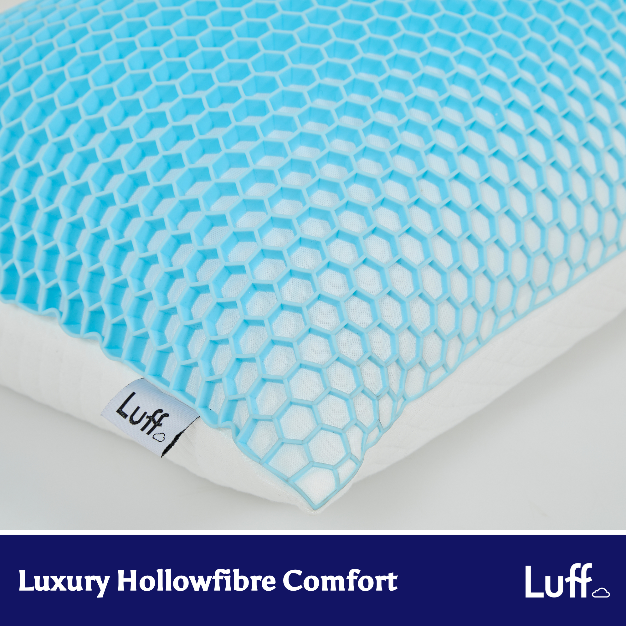 Light blue bamboo honeycomb pillow with white fabric border and luff brand label for comfortable sleep