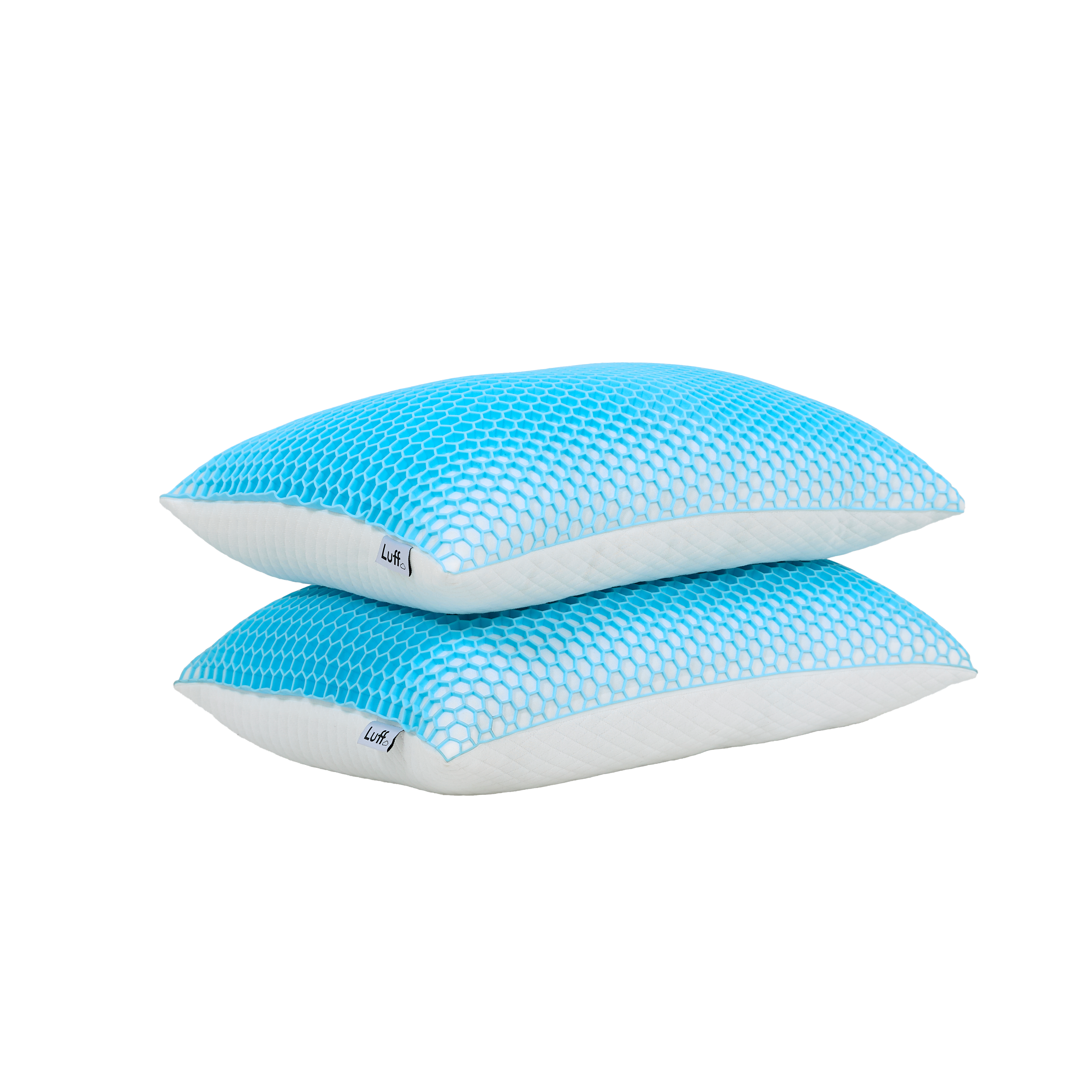Two light blue bamboo honeycomb pillows with white edges branded lift designed for cooling and comfort