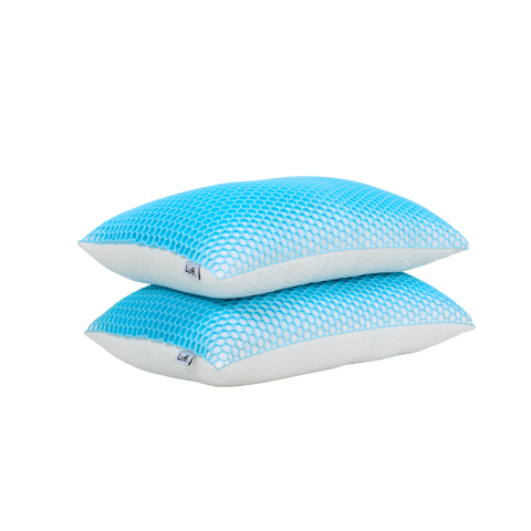Two light blue bamboo honeycomb pillows with white edges branded lift designed for cooling and comfort