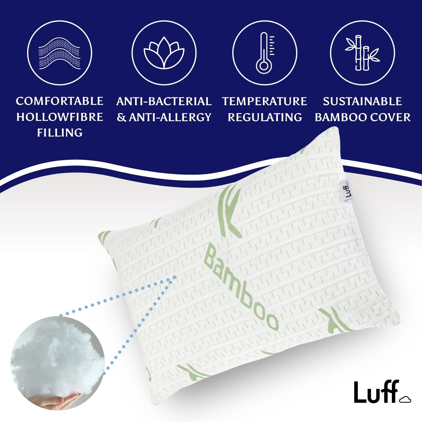 White bamboo hotel premium pillow with green bamboo branding and textured bamboo cover filled with comfy hollowfiber