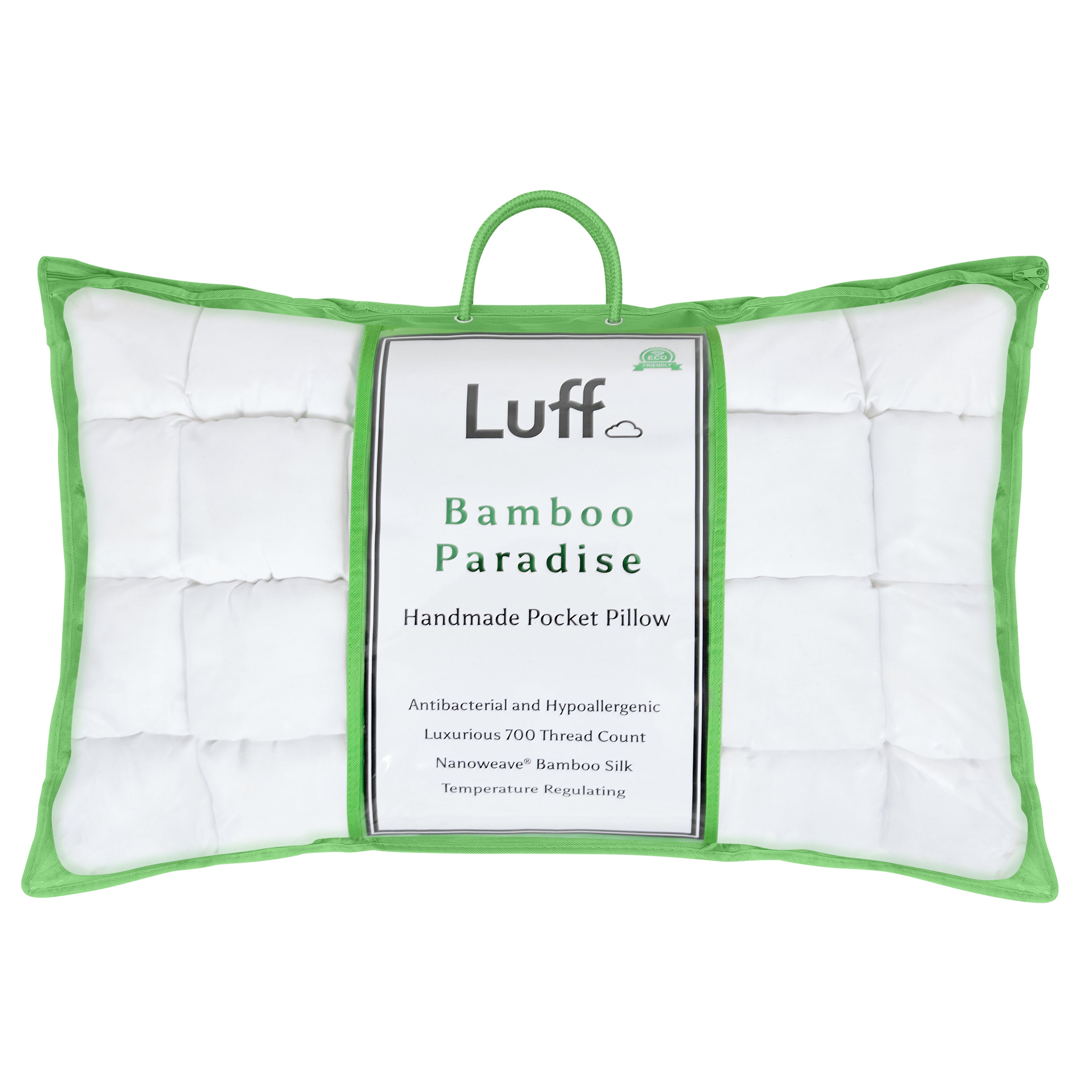 White quilted bamboo paradise pillow with vibrant green border handle and luff bamboo paradise brand label