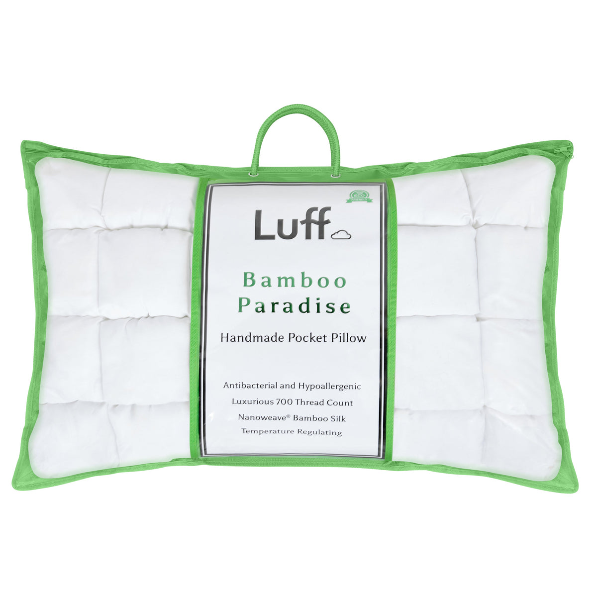 White quilted bamboo paradise pillow with vibrant green border handle and luff bamboo paradise brand label