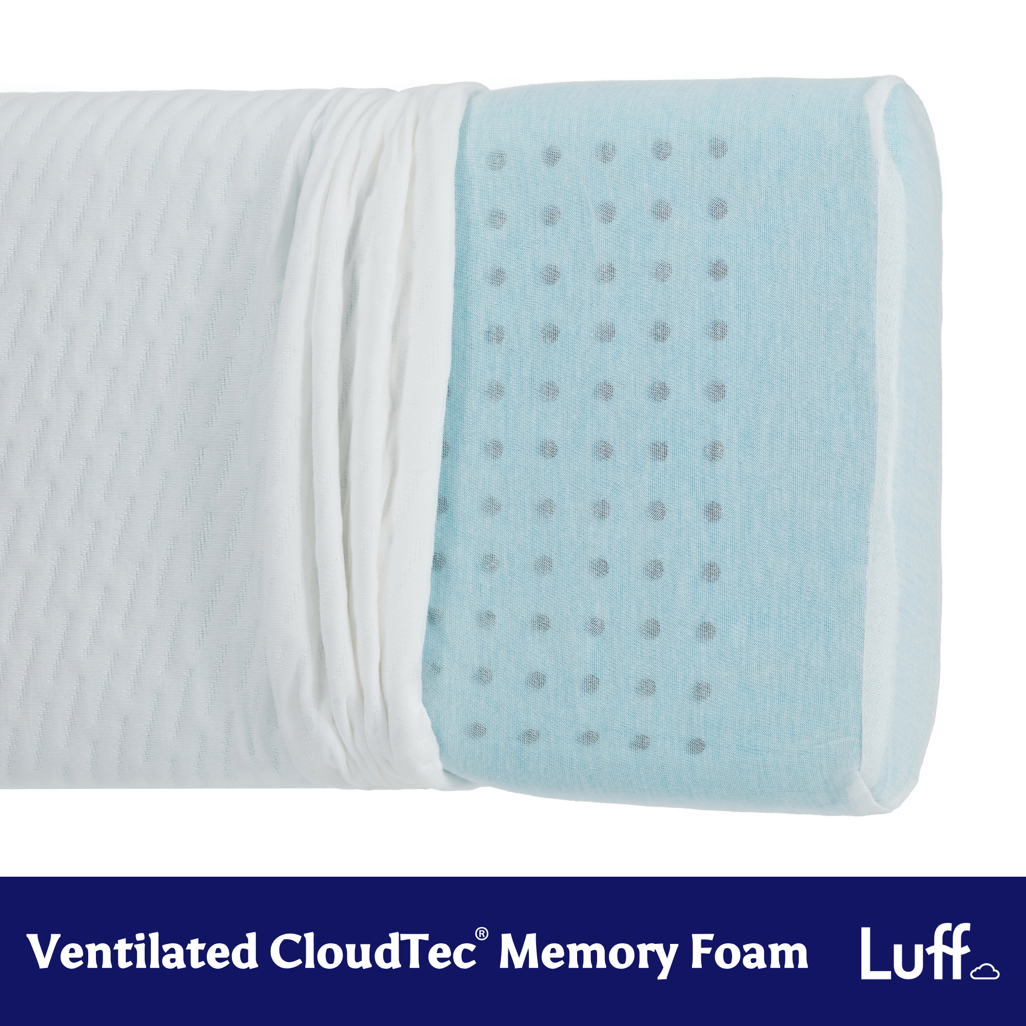 Light blue ventilated memory foam bamboo skinny pillow with white textured cover and luff brand logo