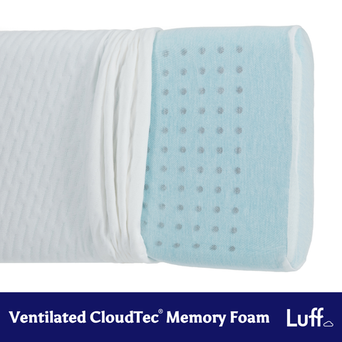 Light blue ventilated memory foam bamboo skinny pillow with white textured cover and luff brand logo