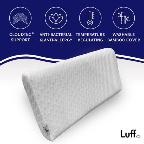 White luff brand wedge pillow with textured bamboo cover in light white shown as the bamboo skinny pillow
