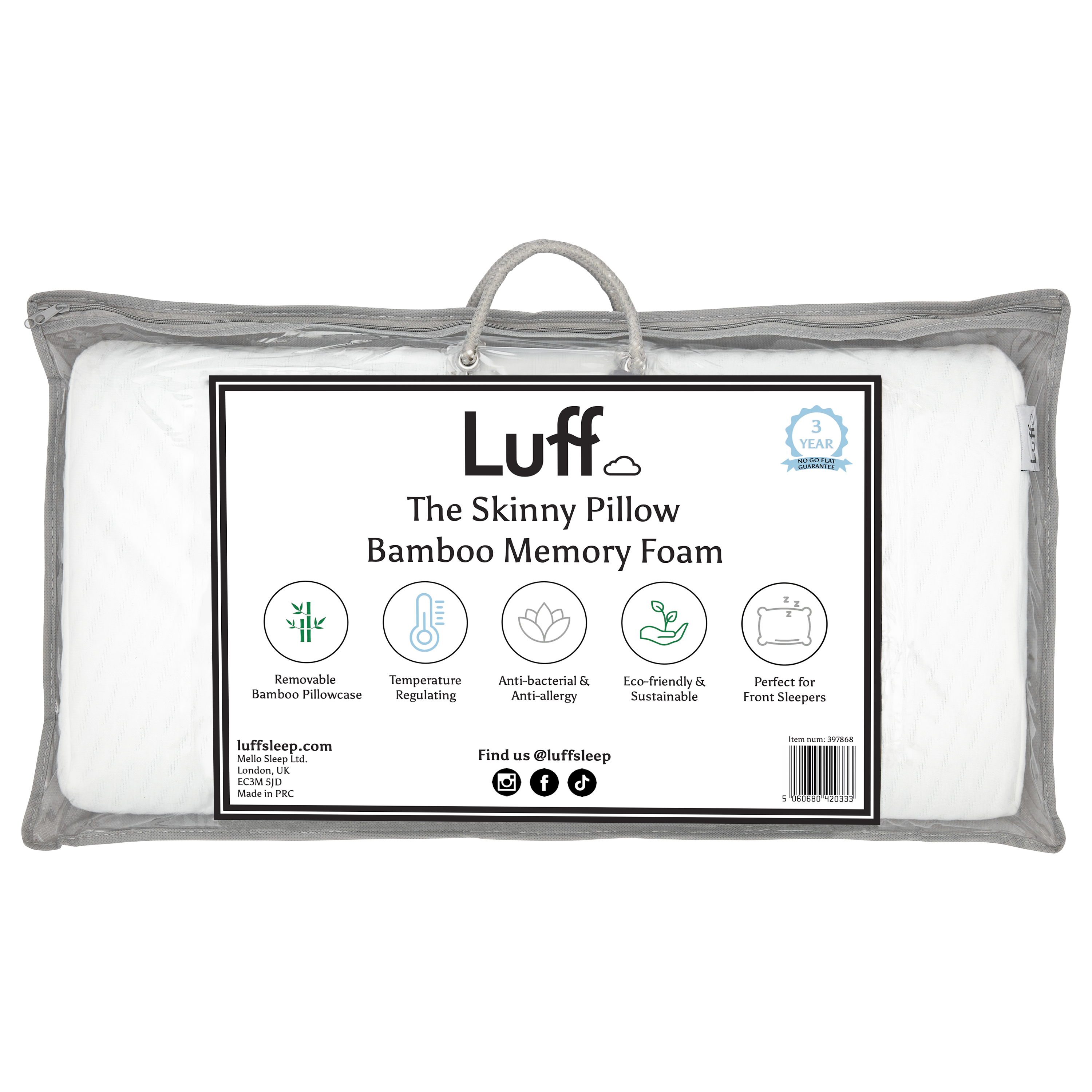 The bamboo skinny pillow white memory foam bamboo pillow in gray transparent packaging with handle