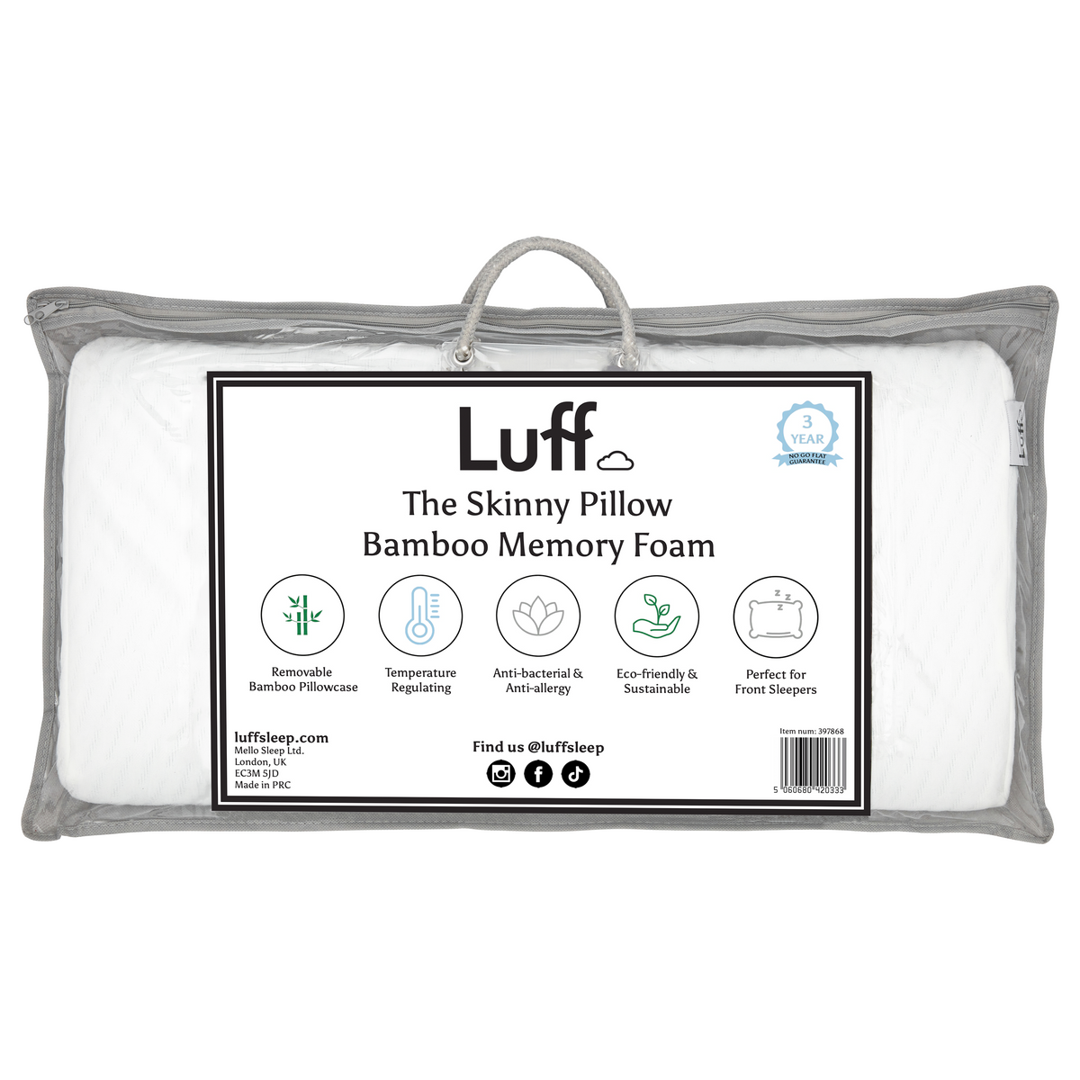 The bamboo skinny pillow white memory foam bamboo pillow in gray transparent packaging with handle