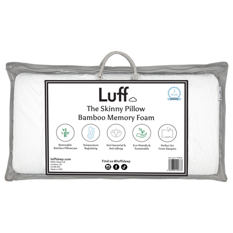 The bamboo skinny pillow white memory foam bamboo pillow in gray transparent packaging with handle
