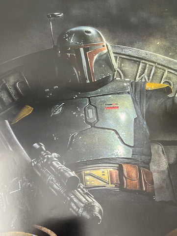 Black and tan mandalorian armor with metallic plating and red insignia on chest on star wars the book of boba fest poster