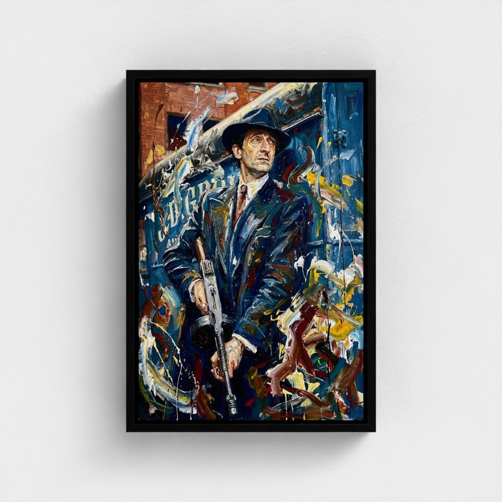 Framed canvas of the brum don showing a man in dark suit and hat with rifle against bold blue yellow red background