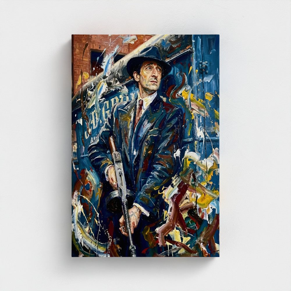 A framed canvas titled the brum don featuring a man in dark suit and hat holding a rifle on colorful brushstrokes
