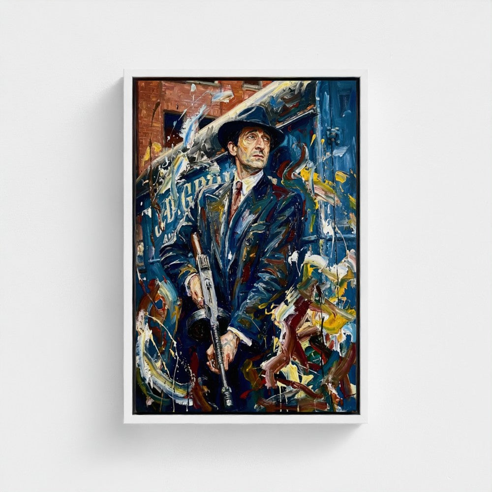 The brum don framed canvas shows a bold painting of a man in dark suit and hat holding a rifle with vibrant colors