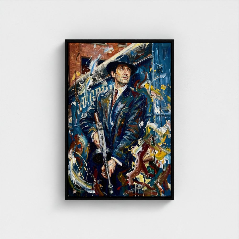 A framed canvas painting titled the brum don showing a man in a dark suit and fedora holding a rifle with bold colors