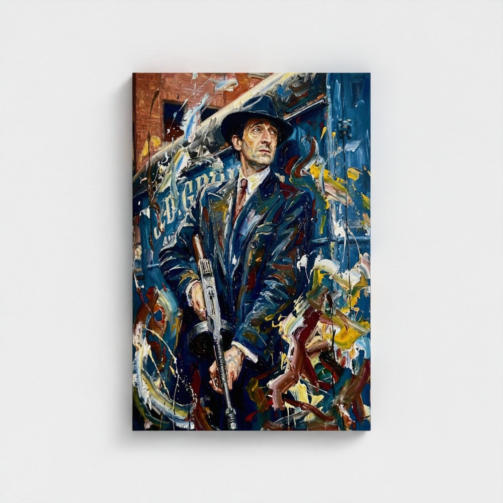 The brum don framed canvas features a vibrant abstract painting of a man in a fedora holding a rifle with bold colors