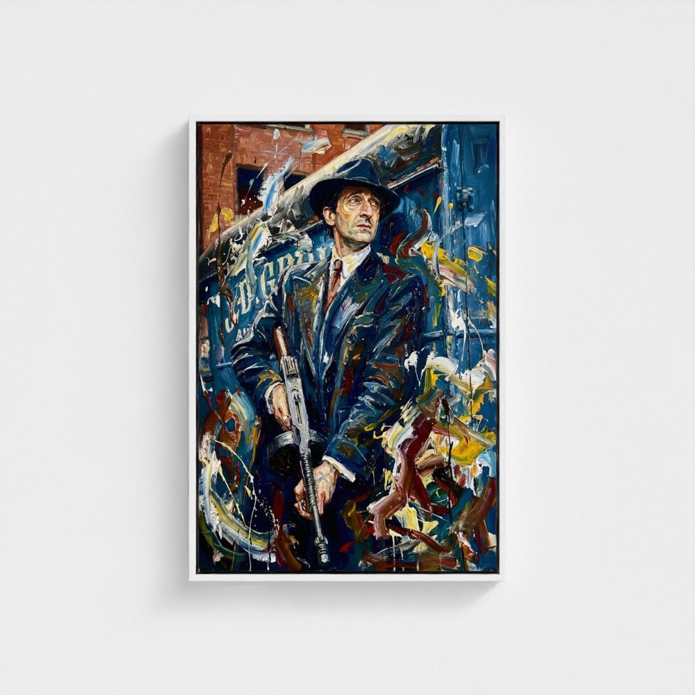 The brum don framed canvas showing a man in dark suit and hat holding a rifle with bold colorful background