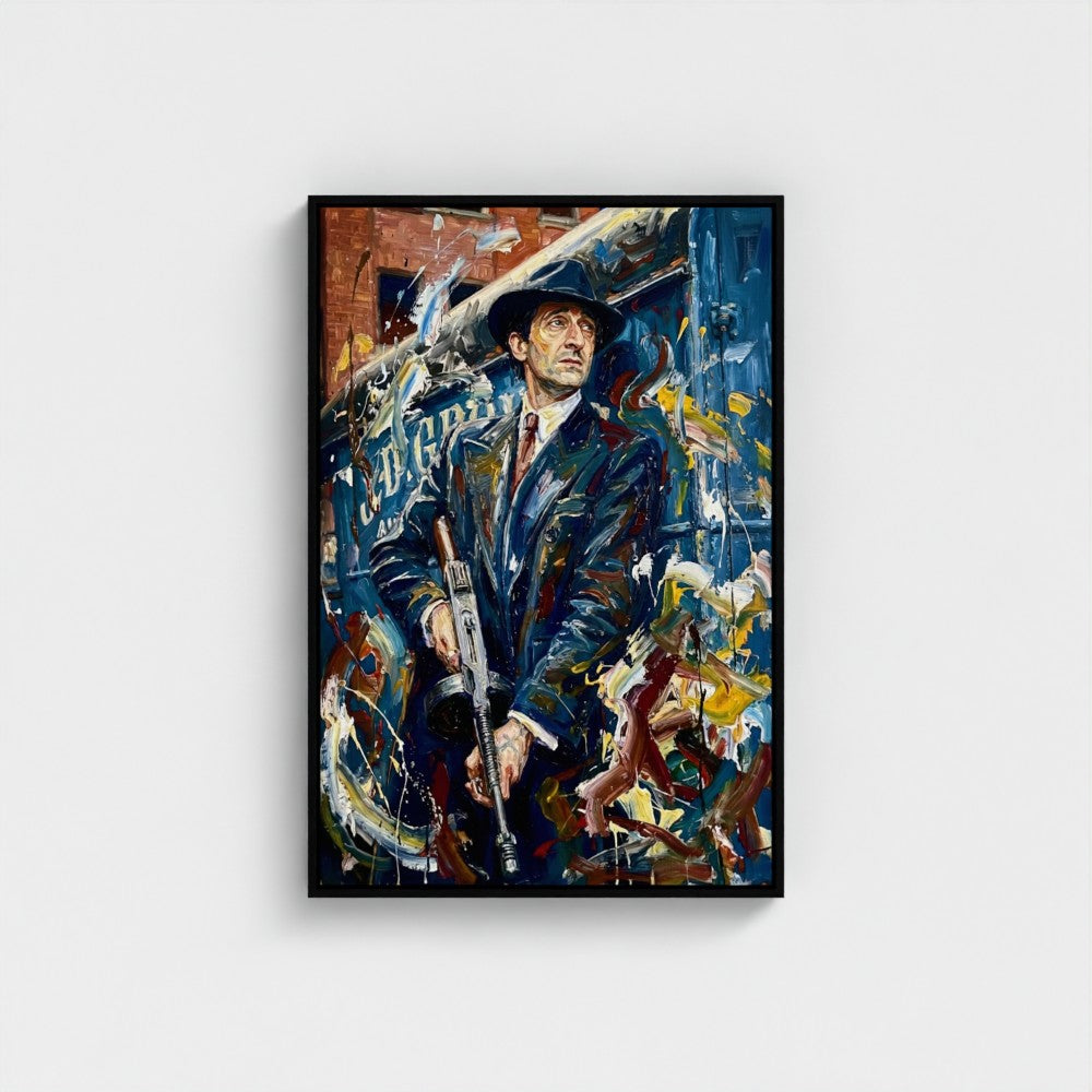 A framed canvas painting titled the brum don featuring a man in dark suit and hat holding a rifle with bold blue yellow and red background