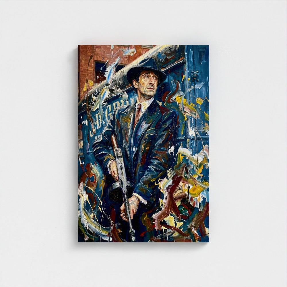 A framed canvas titled the brum don with a man in a dark suit and fedora holding a rifle on colorful abstract splashes