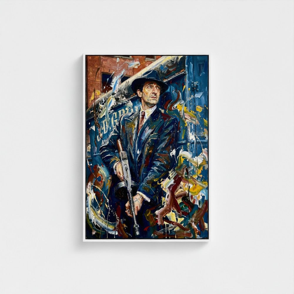 A framed canvas of the brum don featuring a man in dark suit holding a rifle against bold colorful brushstrokes