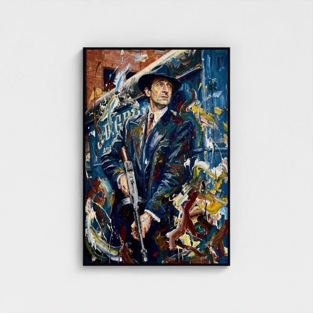 A framed canvas painting titled the brum don showing a man in a dark blue suit and black hat holding a rifle