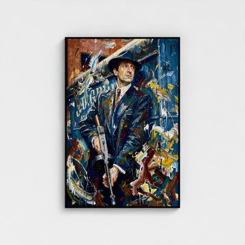 A framed canvas painting titled the brum don showing a man in a dark blue suit and black hat holding a rifle