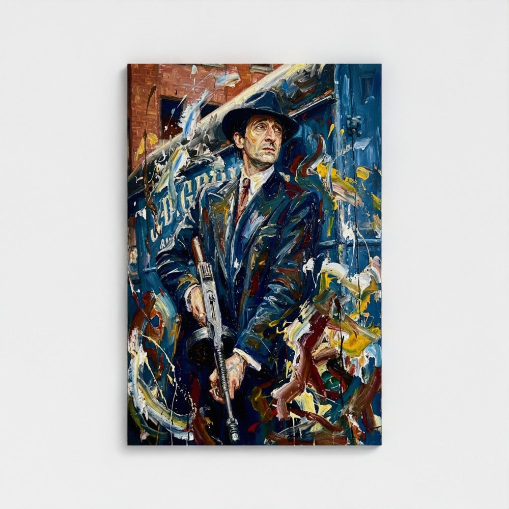 Vibrant abstract oil painting of a man in dark blue suit holding a rifle on splattered background framed canvas