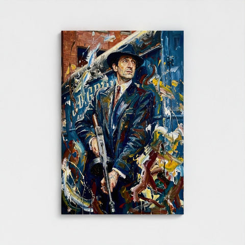 Vibrant abstract oil painting of a man in dark blue suit holding a rifle on splattered background framed canvas