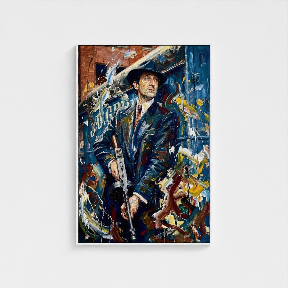 Framed canvas of the brum don featuring a vibrant abstract portrait of a man in dark suit and fedora with rifle