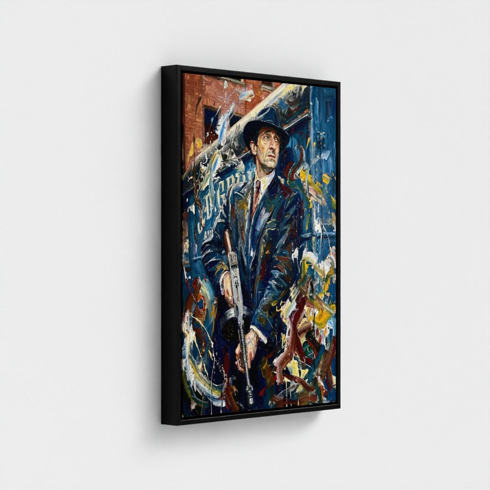 Black-framed canvas print titled the brum don featuring a stylized portrait of a man with a rifle in a vibrant urban backdrop