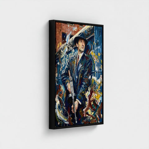 Black-framed canvas print titled the brum don featuring a stylized portrait of a man with a rifle in a vibrant urban backdrop
