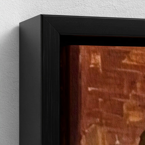 Black framed canvas art titled the brum don with textured warm-toned wooden surface for stylish home decor
