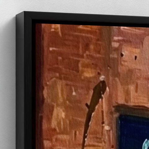 Black-framed canvas art titled the brum don featuring warm-toned textured brick wall with abstract brushstrokes and silhouette