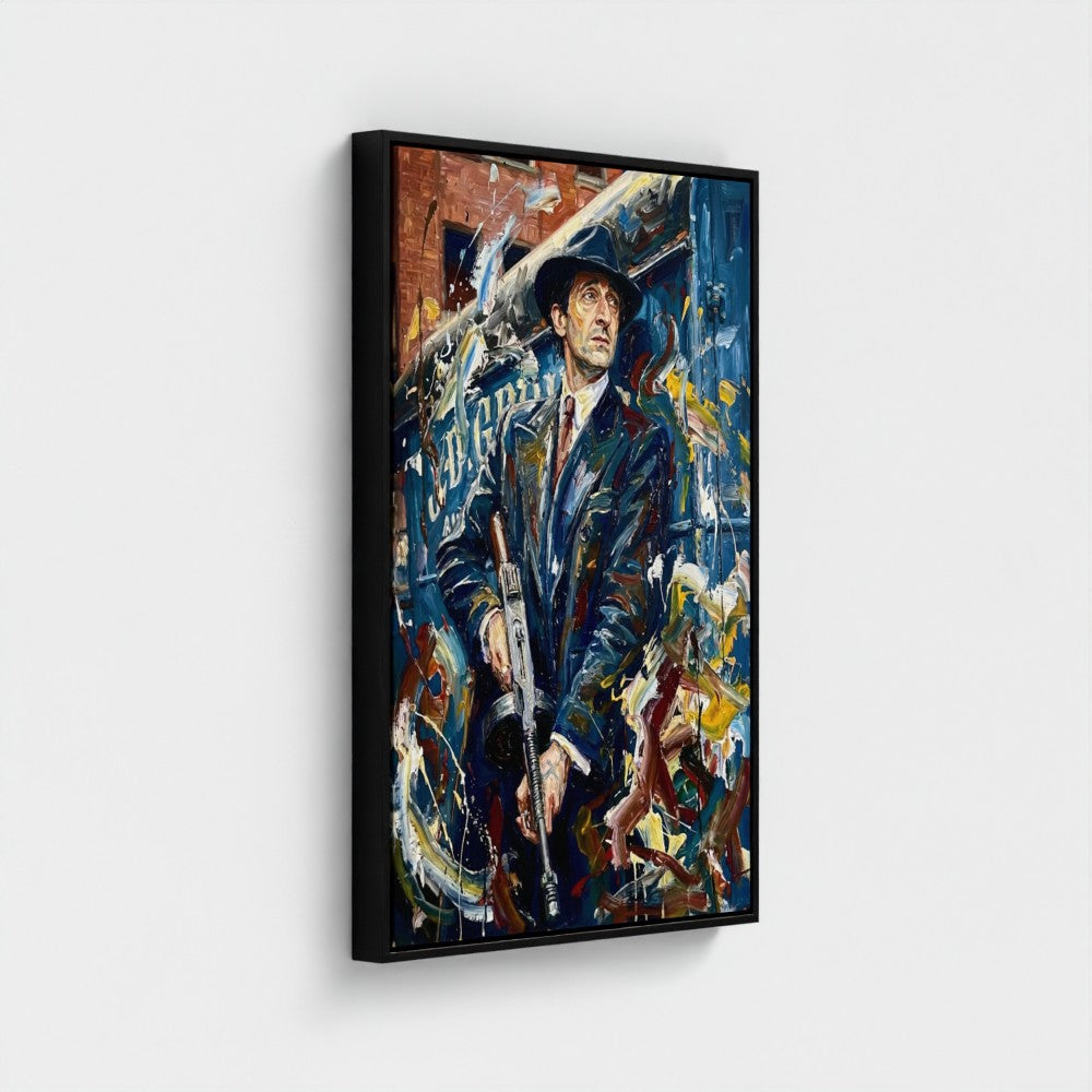 Framed canvas painting titled the brum don showing a man in dark suit and hat holding a rifle with bold abstract colors