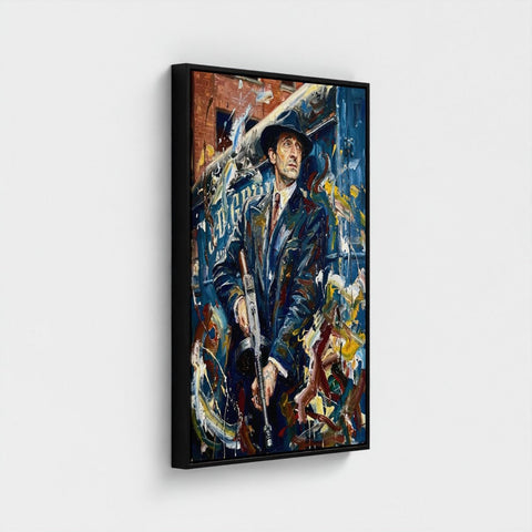 Framed canvas painting titled the brum don showing a man in dark suit and hat holding a rifle with bold abstract colors