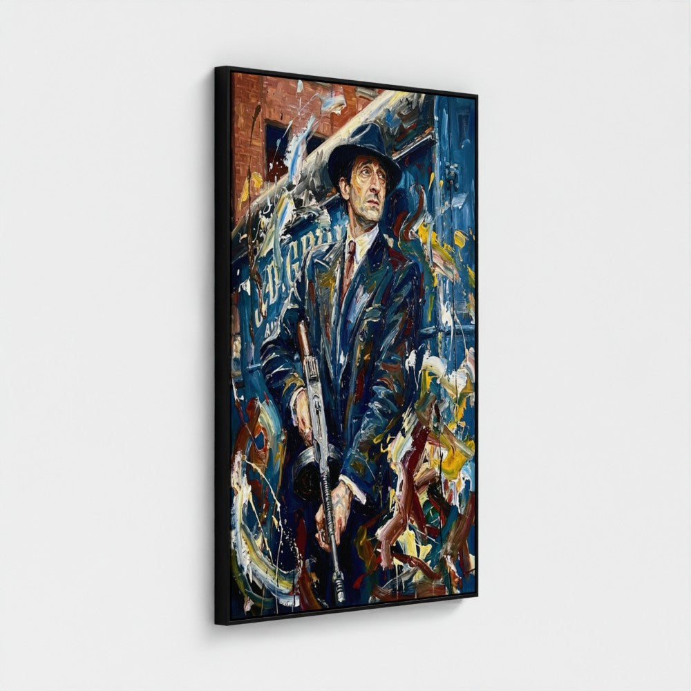 A framed canvas painting titled the brum don showing a man in a dark suit and hat holding a rifle with bold colors