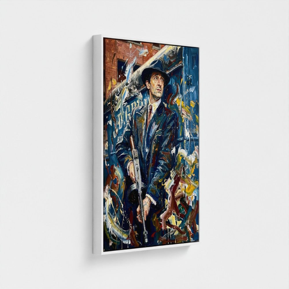 Framed canvas painting called the brum don showing a man in dark suit and hat with a rifle against a colorful urban backdrop