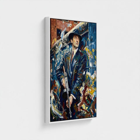 Framed canvas painting called the brum don showing a man in dark suit and hat with a rifle against a colorful urban backdrop