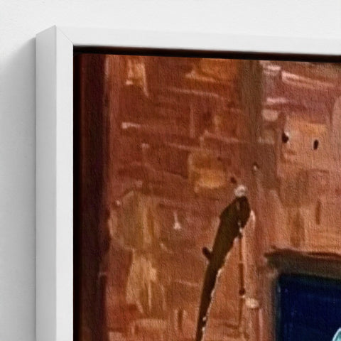 A framed canvas print titled the brum don featuring a textured earthy old brick wall with a dark silhouette