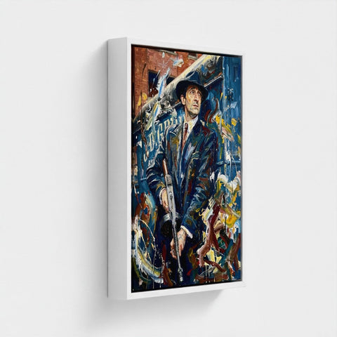 A framed canvas painting titled the brum don of a man in dark suit and hat holding a rifle with bold colorful brushstrokes