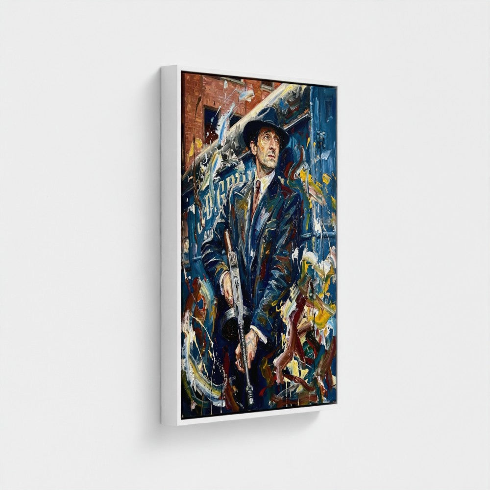 A framed canvas painting titled the brum don showing a man in dark suit and hat holding a rifle against an abstract urban backdrop