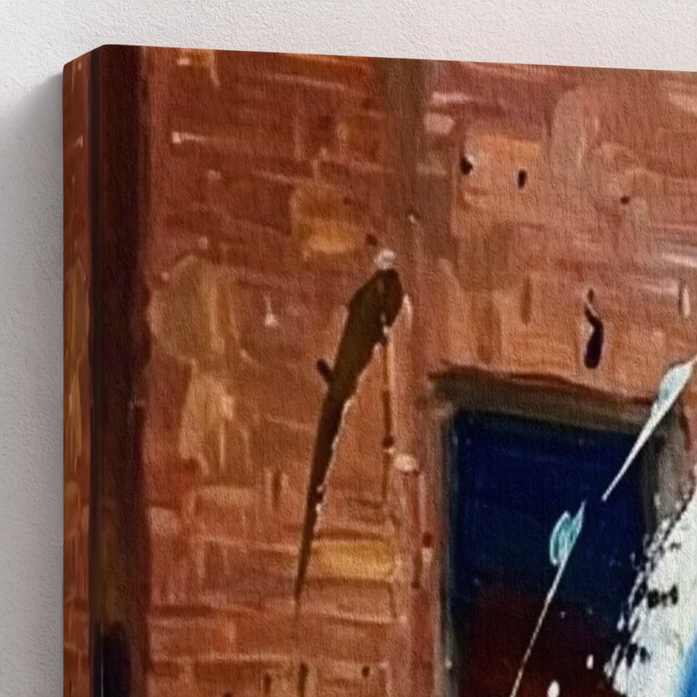 The brum don framed canvas features a textured rustic brick wall painting with visible brushstrokes and earthy tones