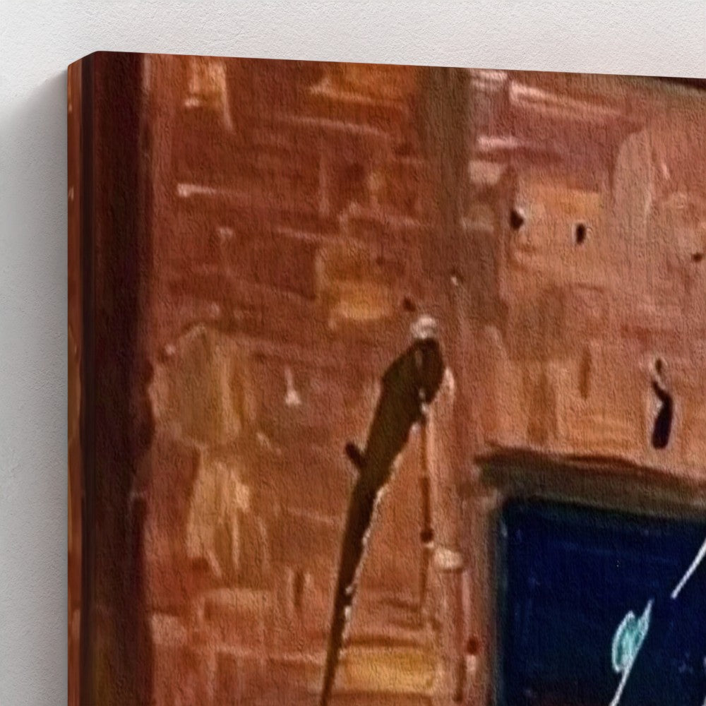 A framed canvas painting titled the brum don featuring a rustic brick wall with warm earthy tones and textured brushstrokes